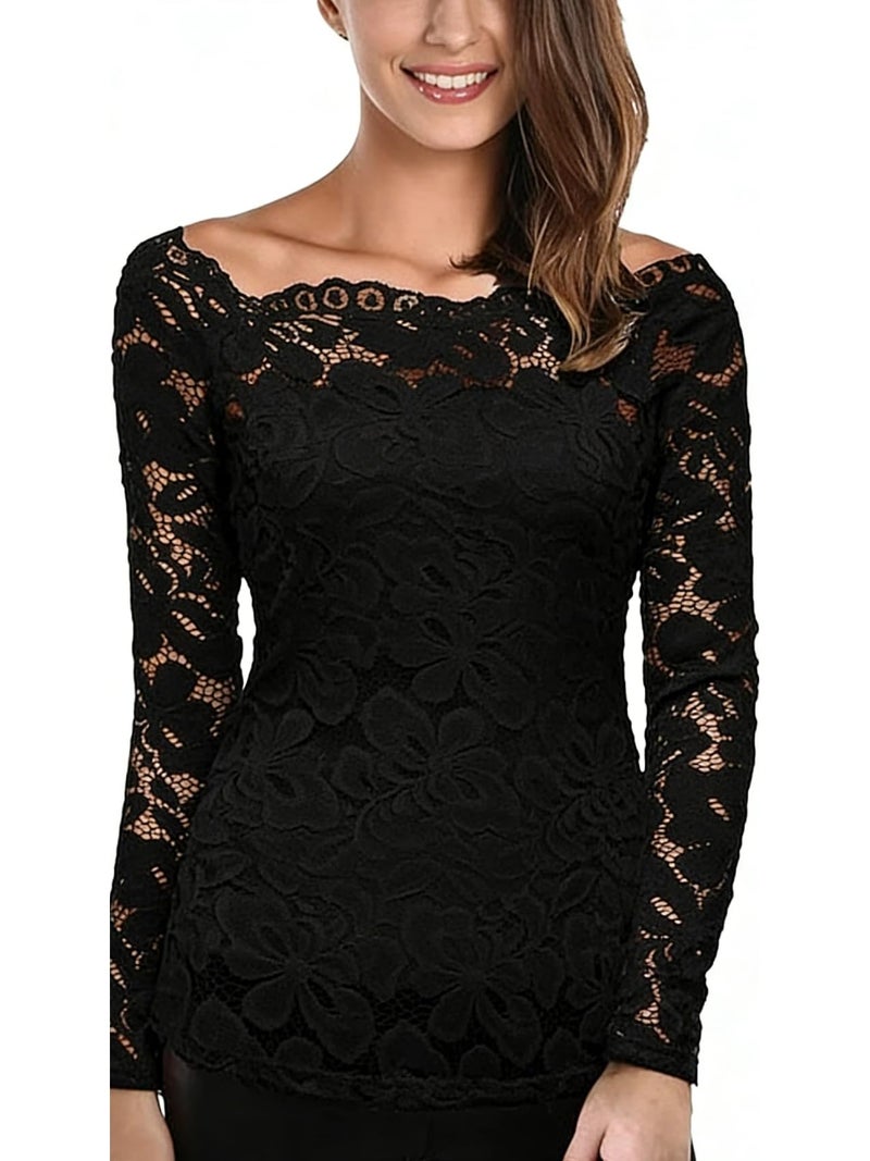 DJT Womens Off The Shoulder Tops Sexy Floral Lace Long Sleeve Slim Fit Shirts Dressy Casual Party Clubwear Outfits Black S - Image 1